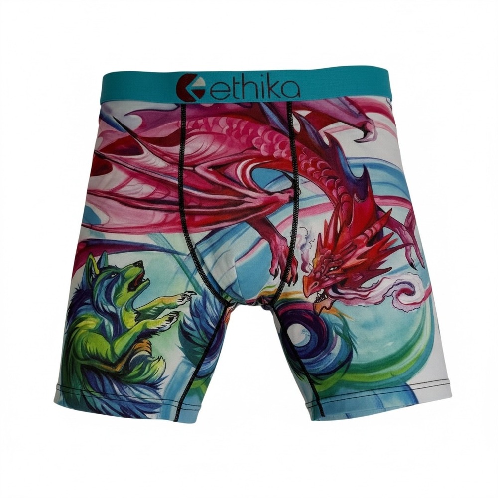 Ethika Mens Medium Red Dragon Green Wolf Graphic Staple Boxer Briefs Multicolor